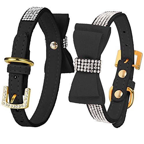 LOVPE Hundehalsband/Katzenhalsband, Samtleder, mit Schleife, Strass-Halsbänder für Welpen, Kätzchen, kleine Hunde und Katzen (XS (für Halsumfang: 20,3 - 25,4 cm), schwarz) von LOVPE