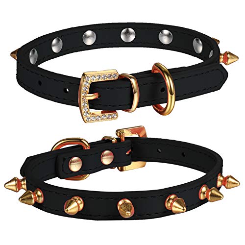 LOVPE Hundehalsband/Katzenhalsband aus Leder mit goldenen Nieten, einreihig, mit goldener Strass-Schnalle, für kleine Hunde/Katzen, Welpen, Kätzchen (Schwarz, XS) von LOVPE