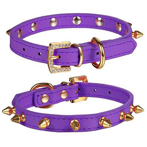 LOVPE Hundehalsband / Katzenhalsband, Leder, goldfarbene Nieten, mit goldener Strass-Schnalle für kleine Hunde / Katzen, Größe S (Halsumfang 28-33 cm), Violett von LOVPE