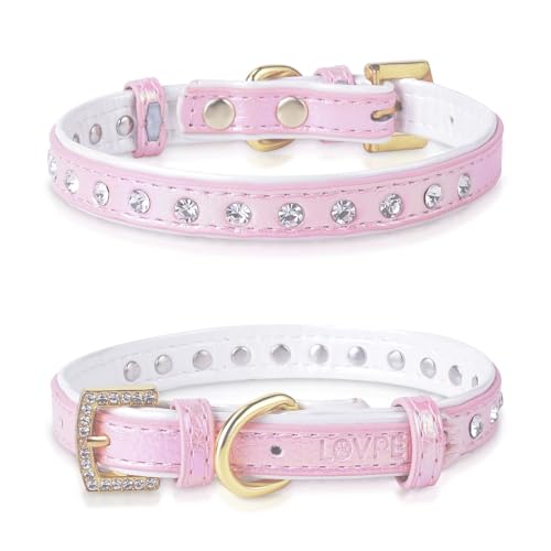 LOVPE Hundehalsband aus Leder mit Nieten, glamouröse Strasssteine, goldfarbene Schnalle, Zubehör für kleine bis mittelgroße Hunde, Katzen, Mädchen und Jungen, Welpen, Kätzchen (S, Rosa) von LOVPE