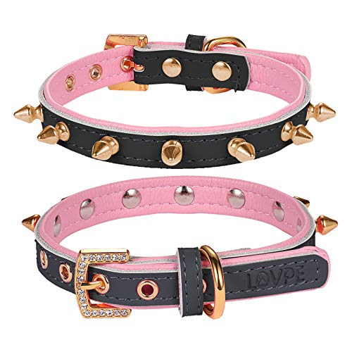 LOVPE Katzenhalsband/Hundehalsband, goldfarbene Nieten, doppellagiges Leder, Haustier-Halsbänder mit goldener Strass-Schnalle für Katzen, Welpen,27.9 cm), schwarz/rosa) von LOVPE