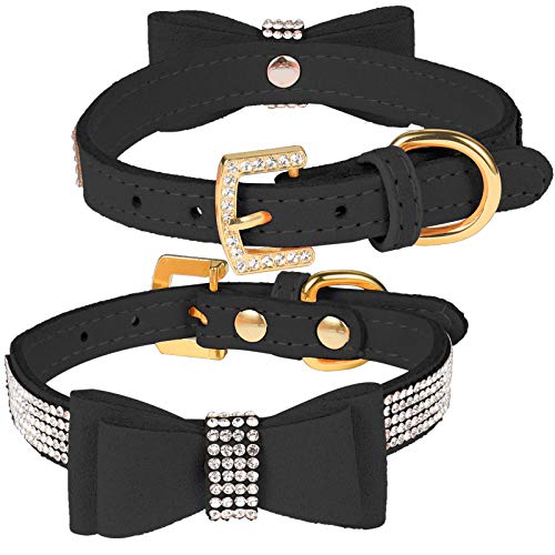 LOVPE Kristall Hundehalsband/Katzenhalsband Samt Leder mit Schleife Knoten Krawatte Strass Welpen Kätzchen Halsbänder für kleine Hunde & Katzen (XS (Halsumfang für: 20,3-25,4 cm), Schwarz) von LOVPE