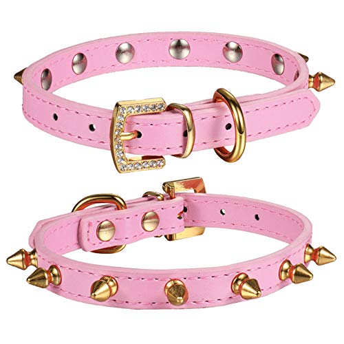 LOVPE One Row Hundehalsband mit goldfarbenen Nieten, Leder, mit goldfarbenen Strass-Schnalle für kleine Hunde/Katzen, Welpen, Kätzchen, Größe XS (Halsumfang für: 20,3 - 27,9 cm), Rosa von LOVPE