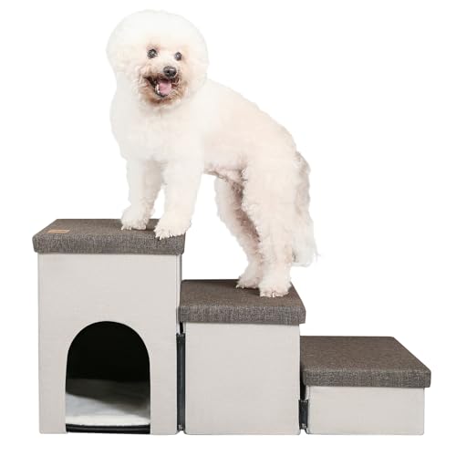 Hundetreppe für kleine Hunde, faltbare Haustiertreppe mit Stauraum und Höhle, robuste Haustiertreppe für ältere Katzen, rutschfeste Hundetreppe für Bett und Couch bis zu 55,9 cm (3 Stufen, von LOVTEX