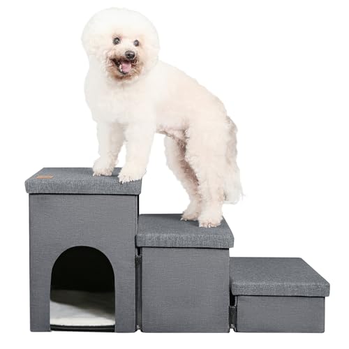 Hundetreppe für kleine Hunde, faltbare Haustiertreppe mit Stauraum und Höhle, robuste Haustiertreppe für ältere Katzen, rutschfeste Hundetreppe für Bett und Couch bis zu 55,9 cm (3 Stufen, Dunkelgrau) von LOVTEX