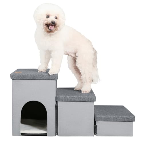 Hundetreppe für kleine Hunde, faltbare Haustiertreppe mit Stauraum und Höhle, robuste Haustiertreppe für ältere Katzen, rutschfeste Hundetreppe für Bett und Couch bis zu 55,9 cm (3 Stufen, von LOVTEX