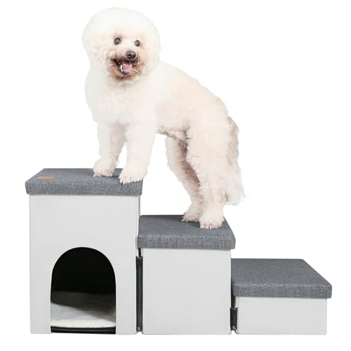 LOVTEX Hundetreppe für hohe Betten, faltbare Haustiertreppe für kleine Hunde und Katzen mit Stauraum und Höhle, rutschfeste Hundetreppe für Couch und Bett bis zu 55,9 cm (3 Stufen, Weiß-Dunkelgrau) von LOVTEX