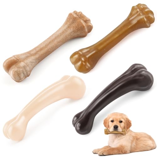 LOYEE Kauspielzeug für Welpen, zum Zahnen, 4 Stück, Hundespielzeug für aggressive Kauer, robuste Hundeknochen mit Rind-/Holzgeschmack, Kauspielzeug für kleine und mittelgroße Rassen von LOYEE