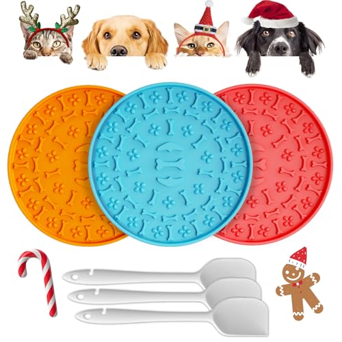 Leckmatte für Hunde und Katzen, 3 Stück, Silikon-Hunde-Leckmatte mit Saugnäpfen, Angstlinderung, fördert gesundes Essen, gefroren und spülmaschinenfest, Peanut Butter Lick Pad LPFALASAT (Blau, Orange, von LPFLASAT