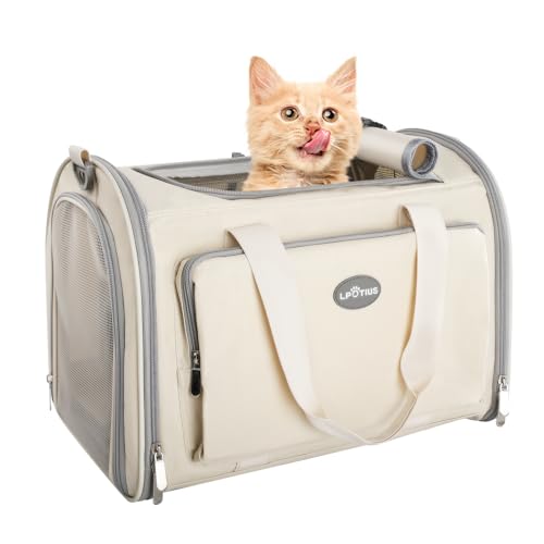 LPOTIUS Transporttasche für Katzen, Transporttasche für Hunde, atmungsaktiv und faltbar, Transportbox für Katzen mit verstellbarem Schultergurt, atmungsaktiv, für kleine Hunde, Katzen (beige) von LPOTIUS