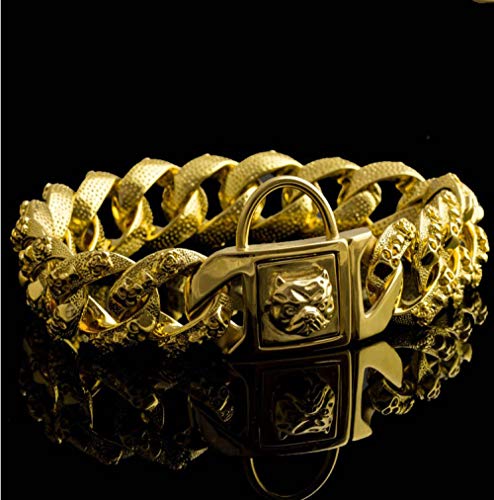 Big Dog Halsband Leine Bully Dog Pet Kette 32mm Totenkopf Customized Edelstahl Gold Metall Heavy Pitbull Bulldog Halsband Leine Gold Skull Collar_XL 32mmx55cm von LQCM