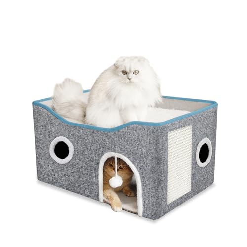 Katzenbett für Hauskatzen, überdachte Katzenhöhle, Haus und Möbel mit Kratzpolster, faltbares Katzenversteck von LQNQ