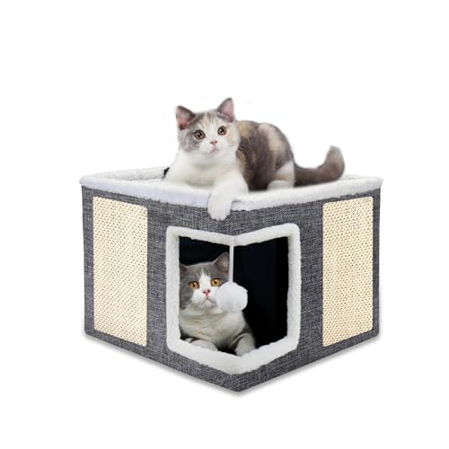 Katzenbetten für Indoor-Katzen, großes Katzenhaus, Katzenbett, Höhle mit zwei Kratzpads und hängendem Ball, faltbar, niedliches Katzenhaus für große und kleine Haustiere von LQNQ