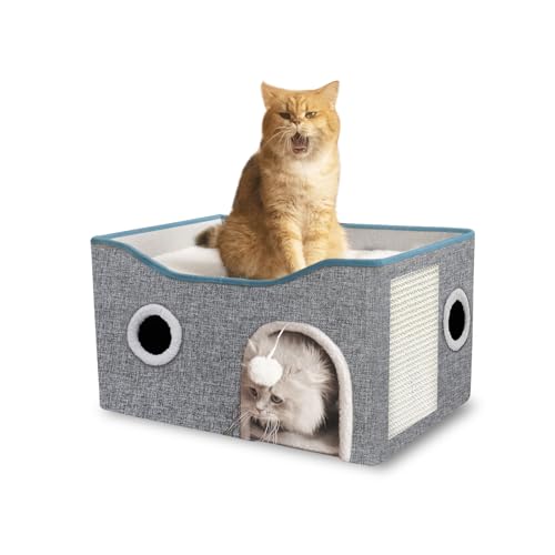 LQNQ Katzenhäuser für Indoor-Katzen, große Katzenbetten und Möbel mit flauschigem Ball und Kratzpad, faltbare Katzenhöhle für mehrere kleine Haustiere, Kätzchen, Kaninchen von LQNQ