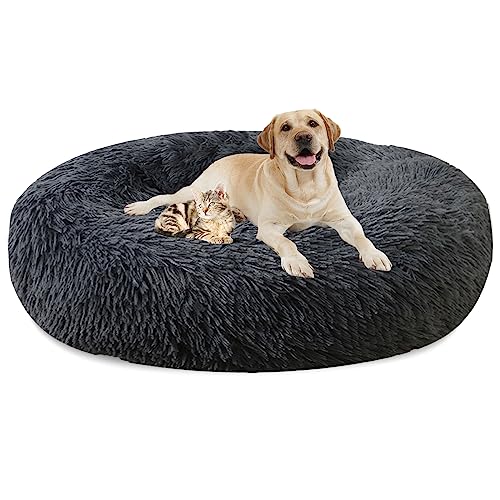 LRHRHR Haustierbett Flauschig Hundebett, Plüsch Rundes Weiches Beruhigende Hundekissen Donut Katzenbett Waschbar, Haustierbett für Katzen und Hunde-Light Brow||Ø40cm/16in von LRHRHR