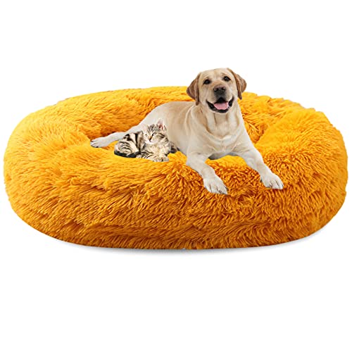 LRHRHR Haustierbett Flauschig Hundebett, Plüsch Rundes Weiches Beruhigende Hundekissen Donut Katzenbett Waschbar, Haustierbett für Katzen und Hunde-Light Brow||Ø40cm/16in von LRHRHR