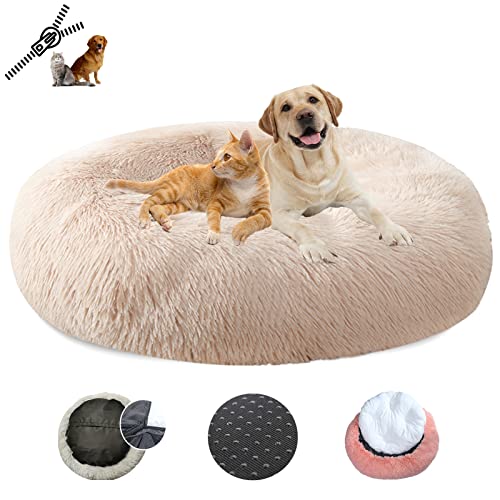 LRHRHR Haustierbett Flauschig Hundebett, Plüsch Rundes Weiches Beruhigende Hundekissen Donut Katzenbett Waschbar, Haustierbett für Katzen und Hunde-Light Brow||Ø40cm/16in von LRHRHR