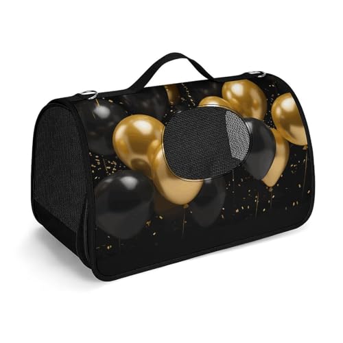 Haustier-Handtasche, Schwarz und Gold, mit Luftballons, bedruckt, tragbar, für den Außenbereich, Katzentasche, Geldbörse, kleine Hundetrage für Reisen/Auto/Outdoor von LSWQK