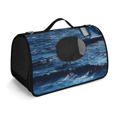 Haustier-Handtasche, blaues Seesegelboot, bedruckt, tragbar, für den Außenbereich, Katzentasche, Geldbörse, kleine Hundetrage für Reisen/Auto/Outdoor von LSWQK