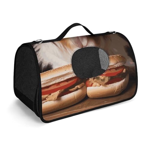 Haustierhandtasche Hund hält einen Hot Dog bedruckte tragbare Outdoor-Katzentasche, Katzentasche, Geldbörse, kleine Hundetrage für Reisen/Auto/Outdoor von LSWQK