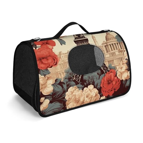 Haustierhandtasche Paris Vintage Floral Printed Portable Outdoor Katze Taschen Katze Tragetasche Geldbörse Kleine Hunde Tragetasche für Reisen/Auto/Outdoor von LSWQK