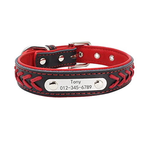 Personalisierter Hundehalsband Leder mit Edelstahl Individuelles Name und Telefonnummer Marke und Geflochtenes Leder Halsband,Für Welpen Kleine Mittlere Große Hunde(Rot,XS:22-28CM) von LTSLZO