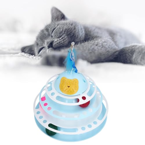 Interactive 3 Tier Cat Track Toy,Cat Ball Tower Toy Interactive Detachable Cat Track Puzzle Toy with Scratcher Teasing Feather for Indoor Kitten (Blue) von LTSQIN