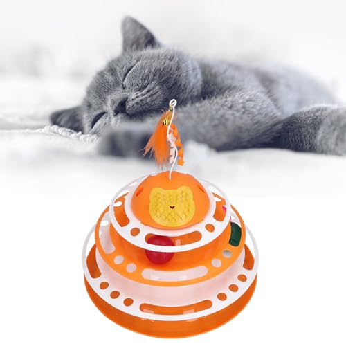 Interactive 3 Tier Cat Track Toy,Cat Ball Tower Toy Interactive Detachable Cat Track Puzzle Toy with Scratcher Teasing Feather for Indoor Kitten (Orange) von LTSQIN