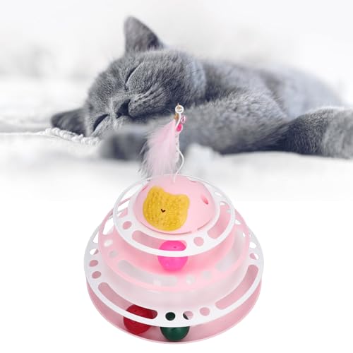 Interactive 3 Tier Cat Track Toy,Cat Ball Tower Toy Interactive Detachable Cat Track Puzzle Toy with Scratcher Teasing Feather for Indoor Kitten (Pink) von LTSQIN