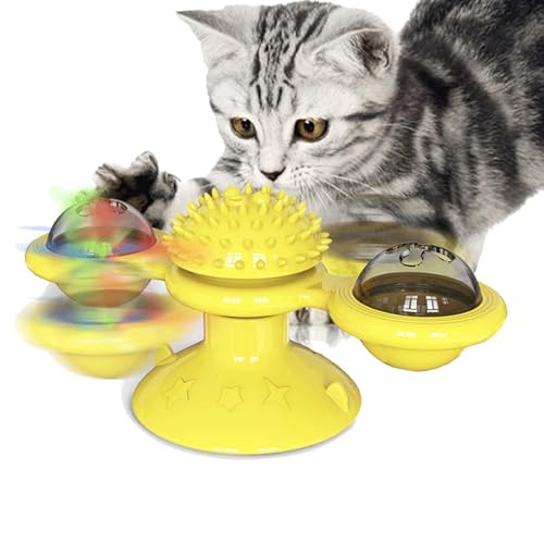 LTSQIN Windmühle Katzenspielzeug, interaktives Katzenfutter-Leckerli-Spender-Spielzeug, rotierendes interaktives multifunktionales Kätzchen-Kammspielzeug für Wandtür (Yellow) von LTSQIN