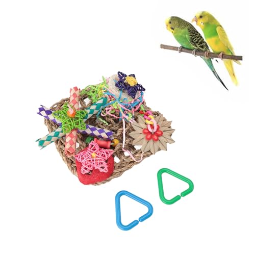 Vogelfutterspielzeug, Vogelfutterwandspielzeug, essbare gewebte Kletterhängematte mit bunten Kauspielzeugen für Papageien, Turteltauben, Sittiche von LTSQIN