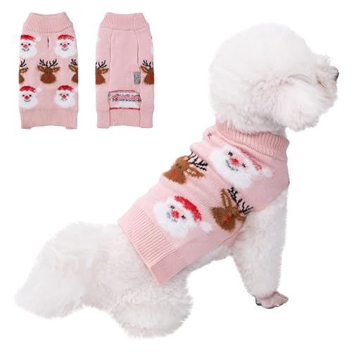 LUBOT Hässlicher Weihnachtspullover für Welpen, niedlich, lustig, Winter- und Urlaubspartys, Strickpullover für kleine Hunde, Weihnachtsmann und Hirsch, Rosa, Größe L von LUBOT