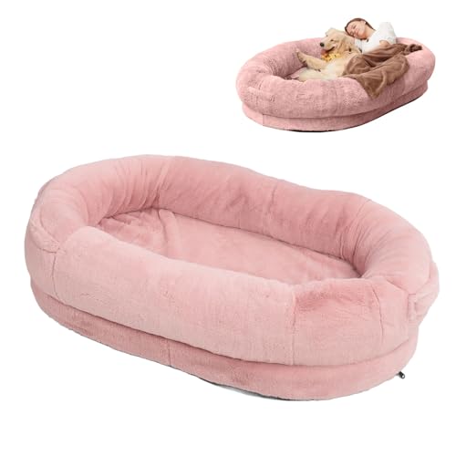 LUCKDANO Großes Menschliches Hundebett mit Weichem, Gemütlichem, Unterstützendem Design für Hals und Kopf. Korallenrosa Hundebett für den Wintergebrauch mit Seitentasche (100 * 70 * 30CM) von LUCKDANO