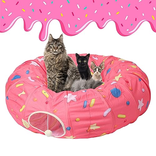 LUCKITTY Donut-Tunnel für große Katzen, flauschige Spielzeugbälle, kleines Kissen und flexibles Design, 30,5 cm Durchmesser, ideal für Katzen und kleine Hunde, Rosa von LUCKITTY