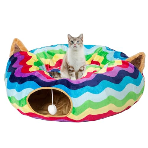 LUCKITTY Großes Katzen- und Hunde-Tunnelbett mit waschbarem Kissen, großer Röhre, Spielplatz-Spielzeug, Plüsch, 180 cm Durchmesser, längerer Knister, zusammenklappbar, Frettchen, Regenbogen von LUCKITTY