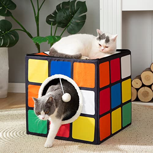 LUCKITTY Katzenhaus mit Wendekissen und flauschigem Ball zum Aufhängen, faltbarer Katzenmagischer Würfel, großes Höhlenbett für Indoor-Katzen, einzigartige Puzzleform Lagre von LUCKITTY