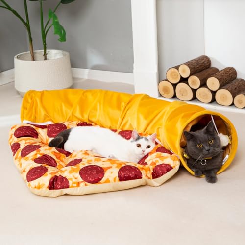 LUCKITTY Katzentunnelbett – Peek-a-Boo Pizza-Form Design für gemütliche und verspielte Tiere – 24 cm Durchmesser, Gelb von LUCKITTY