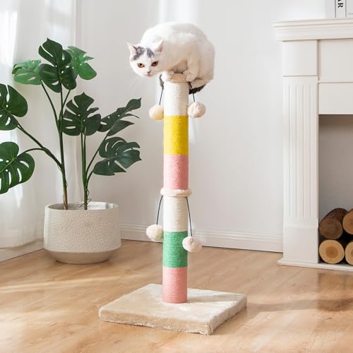 LUCKITTY Kratzbaum für Katzen, 76,2 cm hoch, mit 4 Plüsch-Teasing-Spielzeugbällen, natürlichem Sisalseilpfosten und verdickter Basis, Rot Grün Gelb Weiß von LUCKITTY