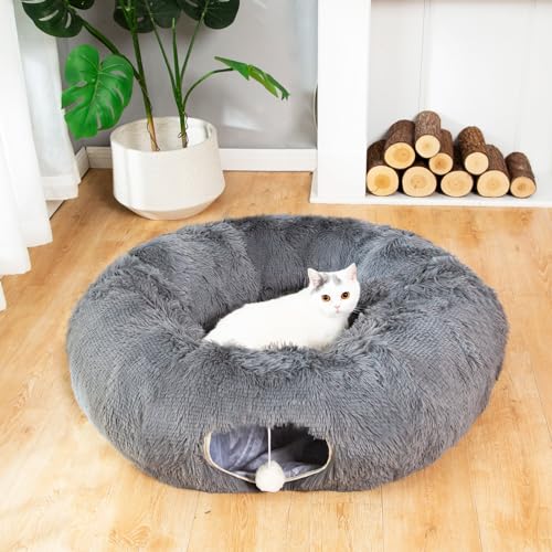 LUCKITTY Warmes, flauschiges Plüsch-Tunnelbett für Katzen und Hunde, mit waschbarem Kissen, großes Rohr, Spielplatz-Spielzeug, 91 cm Durchmesser, länger, knisternd, zusammenklappbar, 3-Wege, für von LUCKITTY