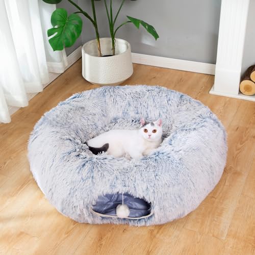 LUCKITTY Warmes, flauschiges Plüsch-Tunnelbett für Katzen und Hunde, mit waschbarem Kissen, großes Rohr, Spielplatz-Spielzeug, 91 cm Durchmesser, länger, knisternd, zusammenklappbar, 3-Wege-Wege, für von LUCKITTY