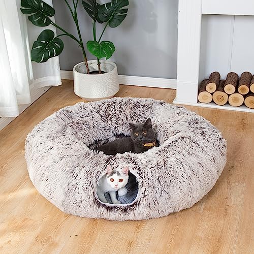 LUCKITTY Warmes Plüsch-Tunnelbett für Katzen und Hunde, mit waschbarem Kissen, großes Rohr, Spielplatz-Spielzeug, 91 cm Durchmesser, länger, knisternd, zusammenklappbar, 3-Wege, für Innenbereich, von LUCKITTY