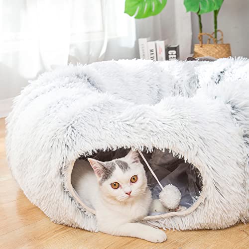 LUCKITTY Warmes Plüsch-Tunnelbett für Katzen und Hunde mit waschbarem Kissen, großes Spielplatz, 91 cm, Durchmesser, länger, zusammenklappbar, 3-Wege, für Innenbereich, Katzen, Frettchen, Weiß von LUCKITTY