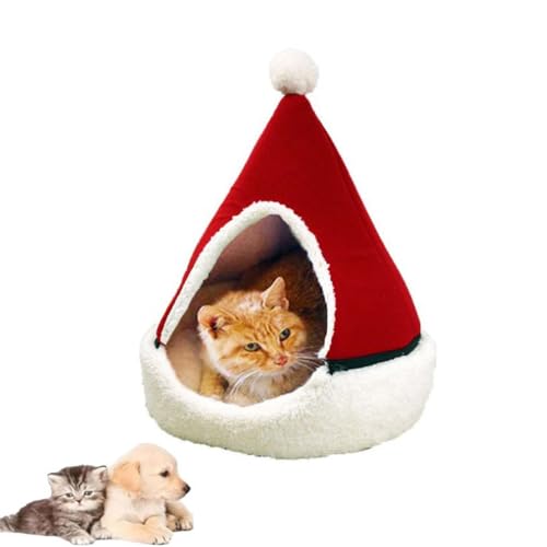 Cat Sleigh Bed, Katzen-Schlittenbett, Katzenbett Weihnachtsbaumzelt, Katzenzelthaus, Weihnachtsbaum Haustier Haus Plüsch abtrennbares Kissen, Weihnachten Hundebetten (Rot, L) von LUCKKY