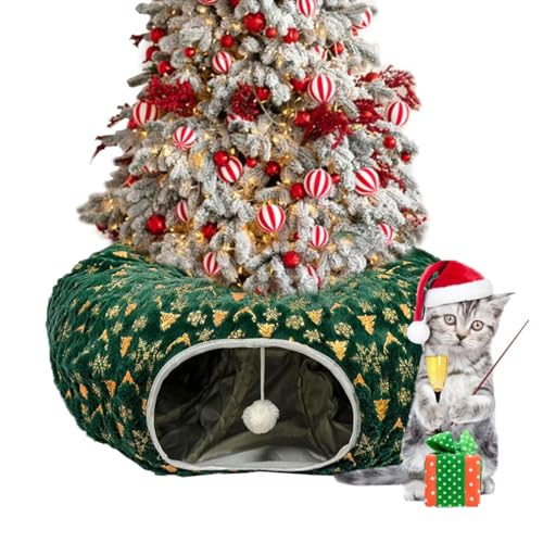 Christmas Tree Cat Tunnel, Katzentunnel mit Weihnachtsbaumrock, Katzentunnel Katzenbett, Katzentunnel mit Spielball, Faltbar Weihnachten Katzenspielzeug (Grün) von LUCKKY