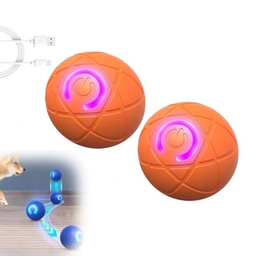 LUCKKY 2 Stück Ball Toy for Dogs, Interaktives Hunde Ball Spielzeug, Strapazierfähiger Automatisch Rollender Ball mit LED-Leuchten, USB Wiederaufladbar Hundespielzeug Intelligenz Ball (Orange) von LUCKKY