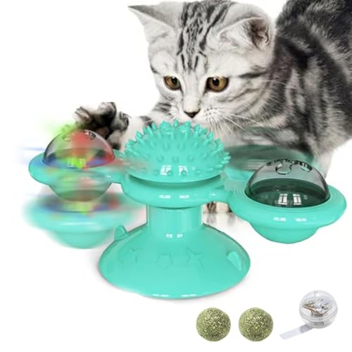 LUCKKY Interactive Windmill Cat Toys with Catnip, Interaktives Windmühlen-Katzenspielzeug mit Katzenminze, 360° Drehbar Vertikal Katzenspielzeug mit LED-Licht, 3 in 1 Katze kauen Spielzeug (Blau) von LUCKKY