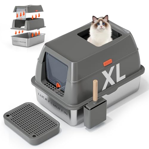 3-in-1 Premium Edelstahl-Katzentoilette mit abnehmbarem Deckel, geschlossene XL extra große hochseitige Metallbox für Big Kitty mit Schaufel, Eingang oben, Geruchskontrolle, Anti-Auslaufen, nicht von LUCKY MUFFIN