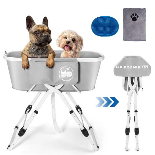 Premium Hundebadewanne, 3-in-1 (Handtuch und Bürste im Lieferumfang enthalten), faltbar und tragbar für Zuhause und professionelle Fellpflege/Baden, unterstützt Haustiere bis zu 63,5 kg, 5 von LUCKY MUFFIN