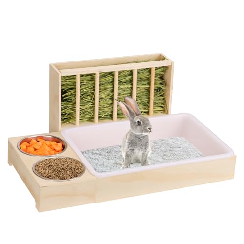 3 in 1 Kaninchentoilette mit Heufutterstation und Schalen - Holz Kaninchen Heu Futterstation für Meerschweinchen, Hamster, Kleintiere von LUCKYBOPAN