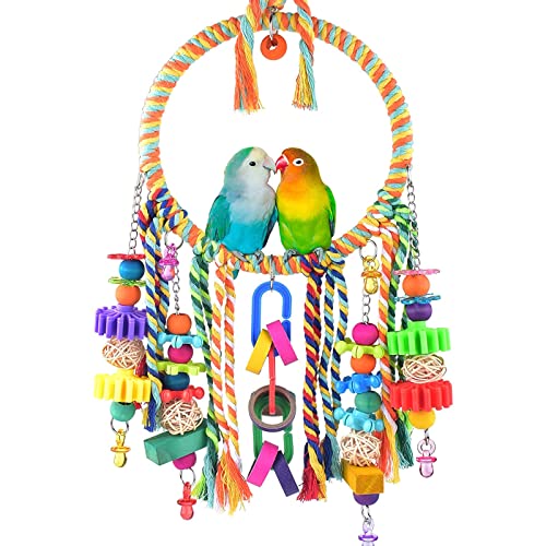 LUDAKE Kauspielzeug für Vögel, bunte Perlen, Blöcke, Papageienkäfig, Beißen, Kunststoff, Baumwolle, Seil, Ringstange mit Haken zum Aufhängen von LUDAKE